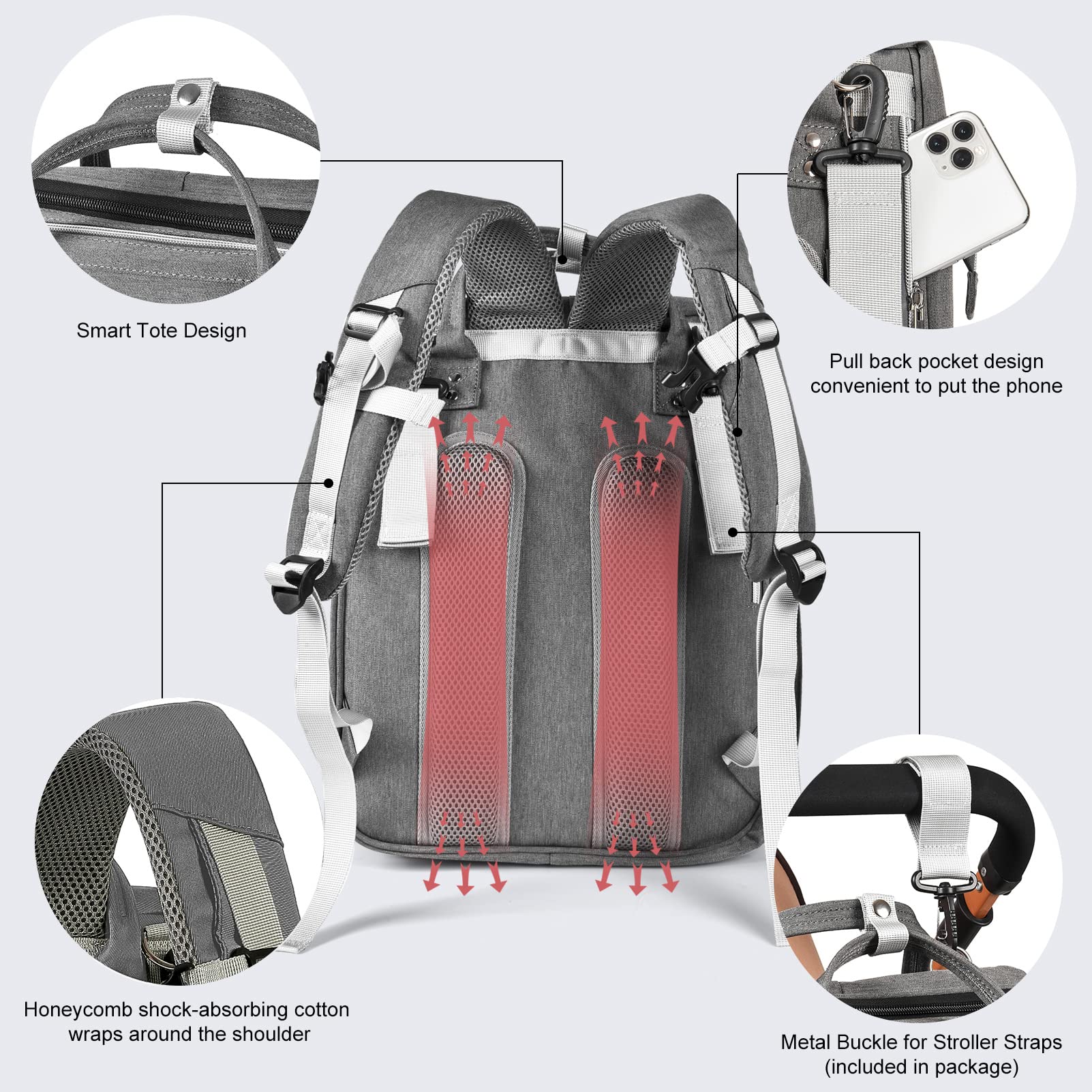 LexiRoman diaper bag backpack stroller straps enable hands-free travel on the go.