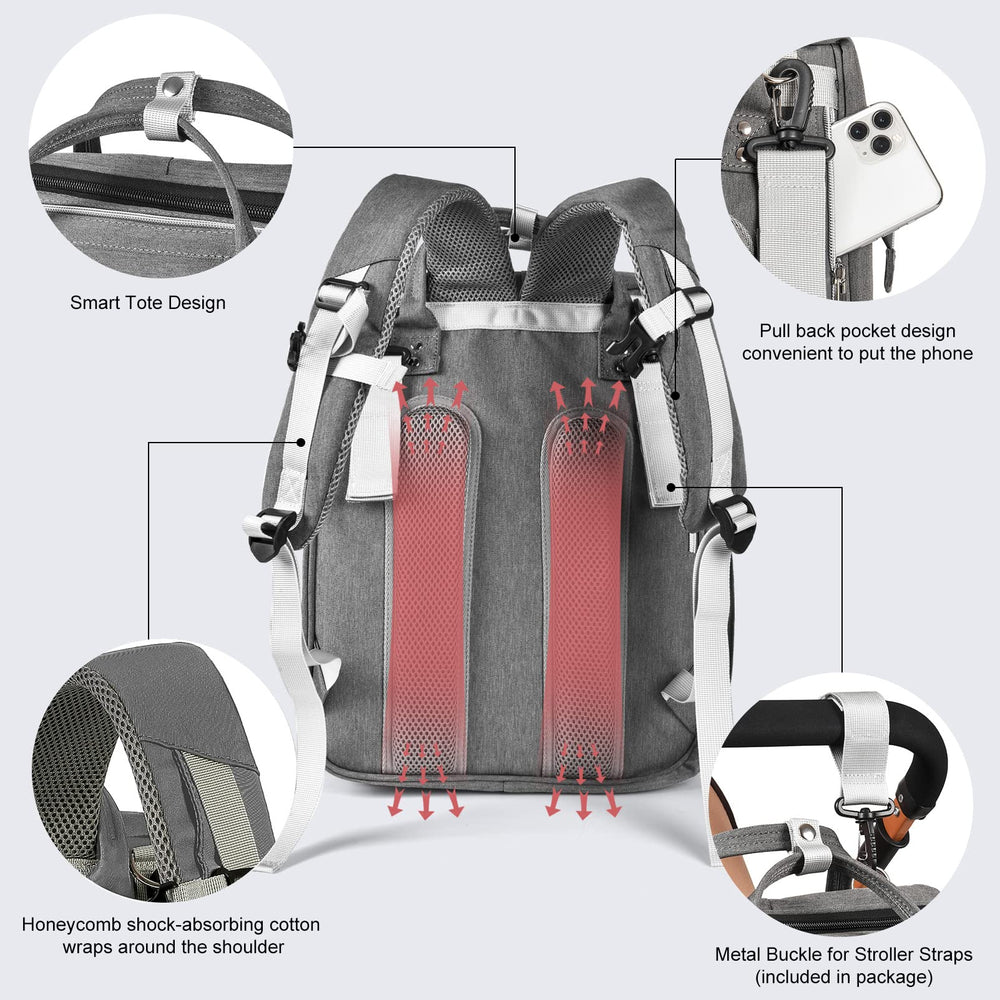 LexiRoman diaper bag backpack stroller straps enable hands-free travel on the go.