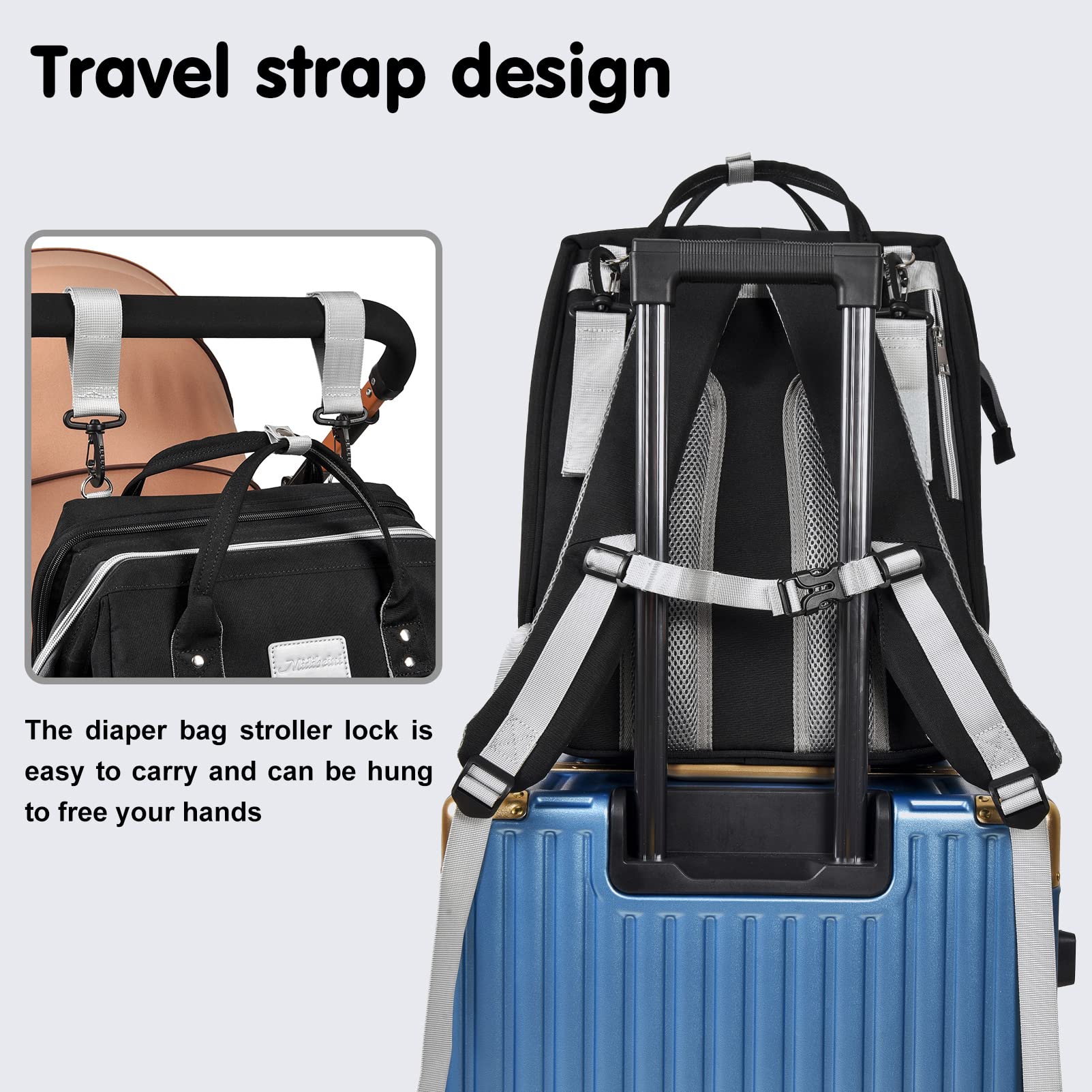 LexiRoman diaper bag backpack stroller straps enable easy travel.