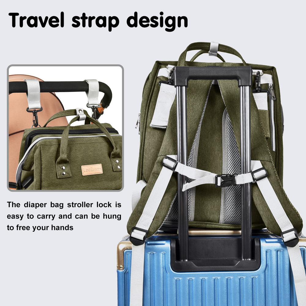 LexiRoman diaper bag backpack USB port for charging devices on the go.