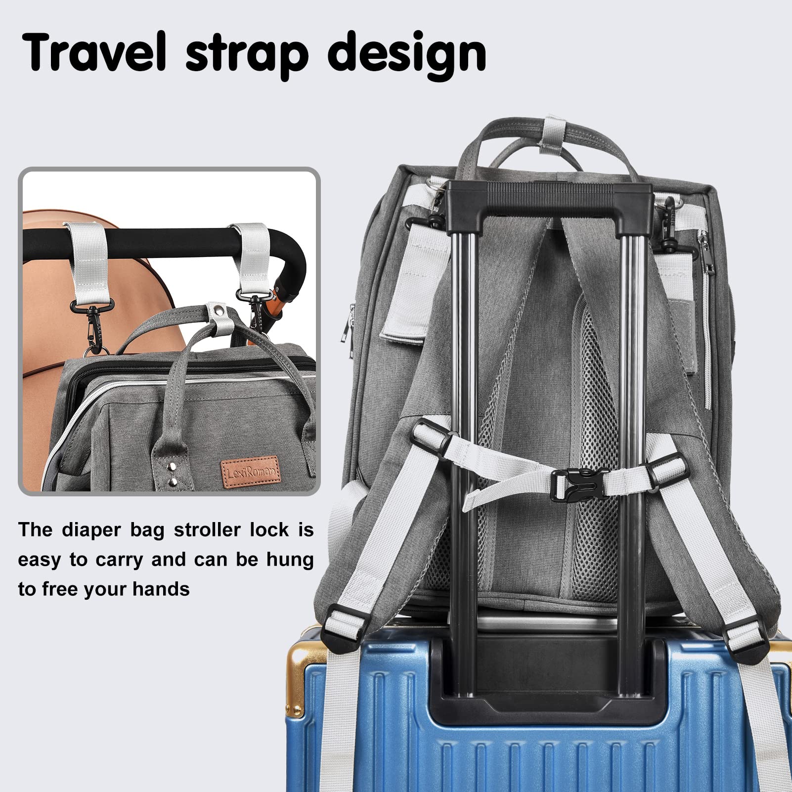 LexiRoman diaper bag backpack waterproof fabric protects gear in rain or splashes.