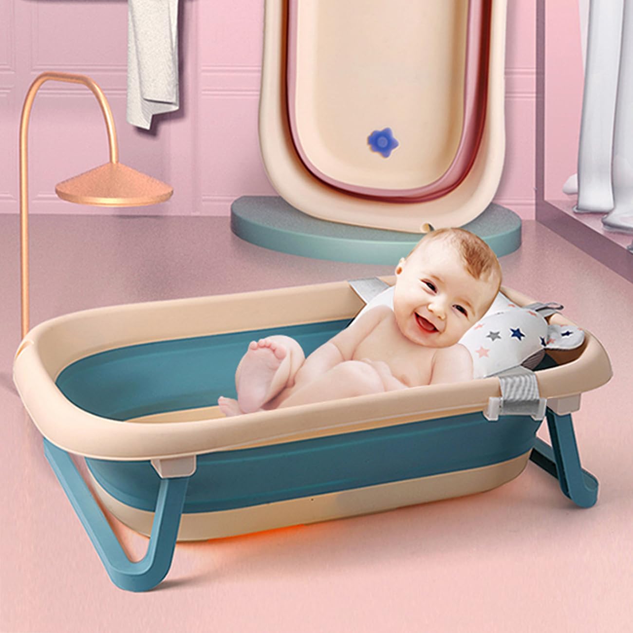 LEXIW bath tub with pad provides comfortable infant bath time.