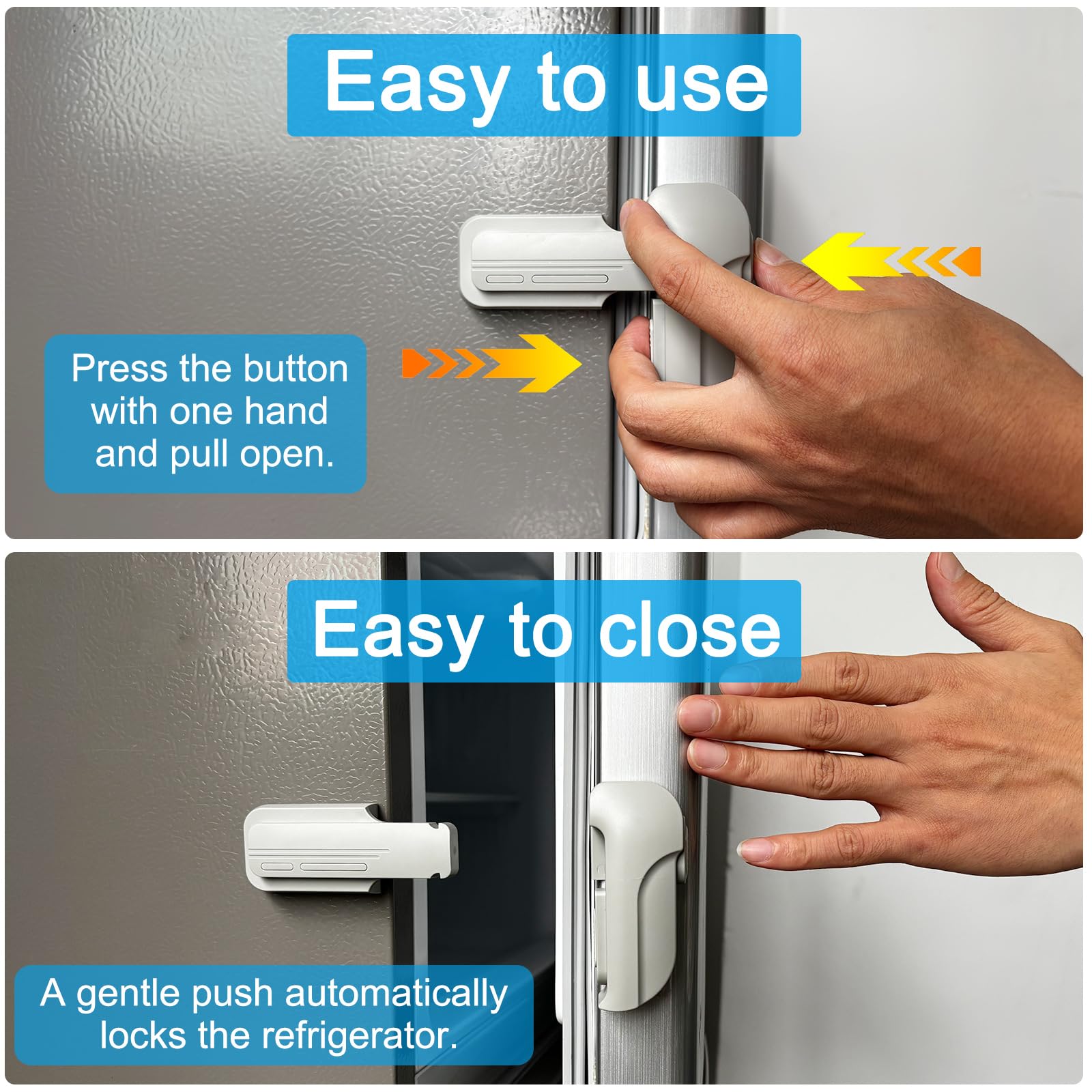 Lexng grey safety lock installed on fridge door showing secure closure and click signal