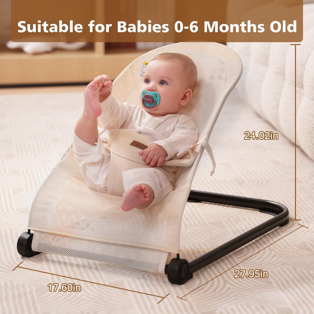 Lfhiwhd bouncer seat in-use with happy baby demonstrating calm rocking