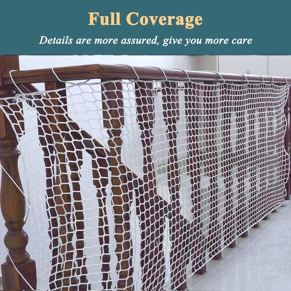 LGLFDJ white safety net on a stair rail demonstrates knotless safety protection