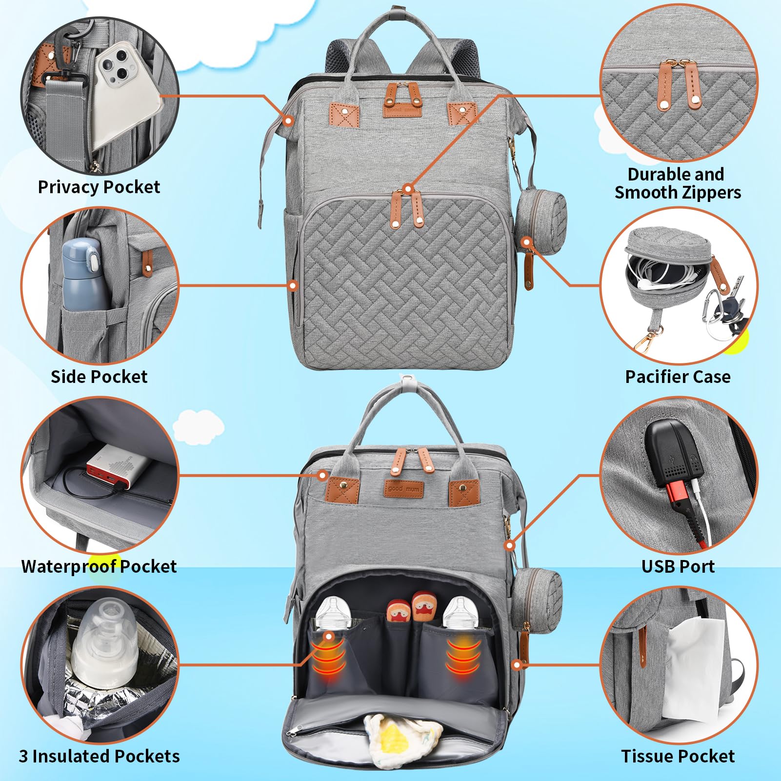 LHDYMXYN diaper bag anti-theft pocket keeps valuables secure.