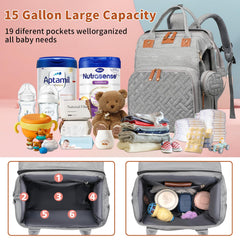 LHDYMXYN diaper bag interior with 19 pockets for organized diapers and bottles.