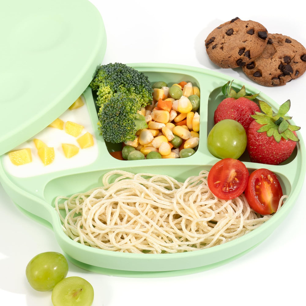 Li Zhao on-the-go suction plate with lids for convenient meals.