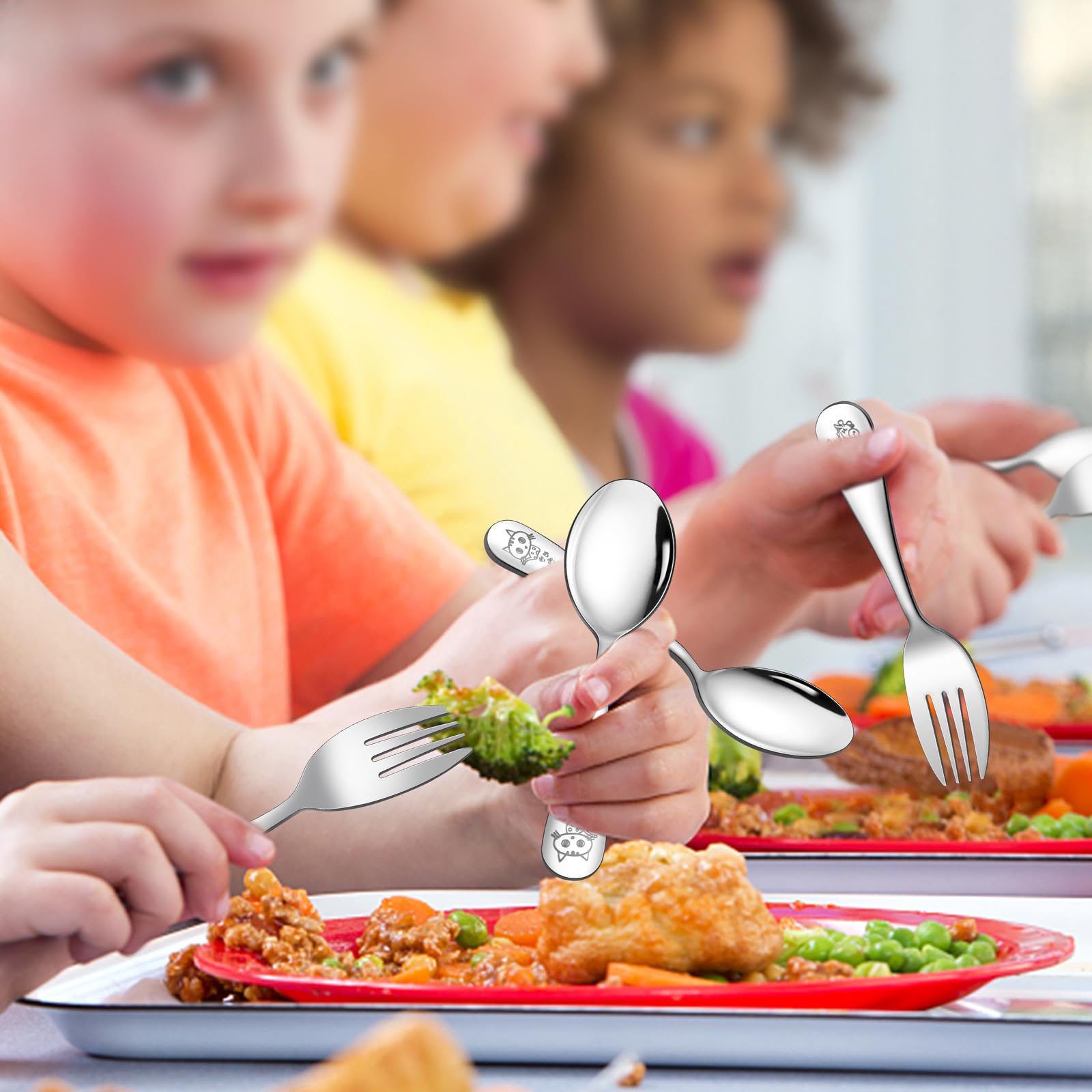 LIANYU Kids Silverware Set 12-piece layout close-up emphasizes complete mealtime utility.