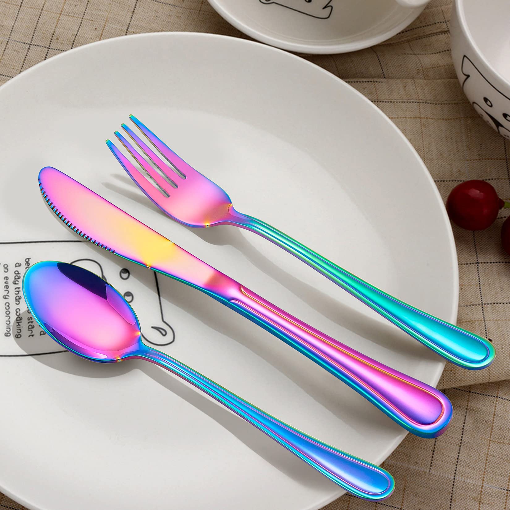 LIANYU rainbow kids silverware set knife spoon fork collection highlights complete toddler utensils for learning meals.