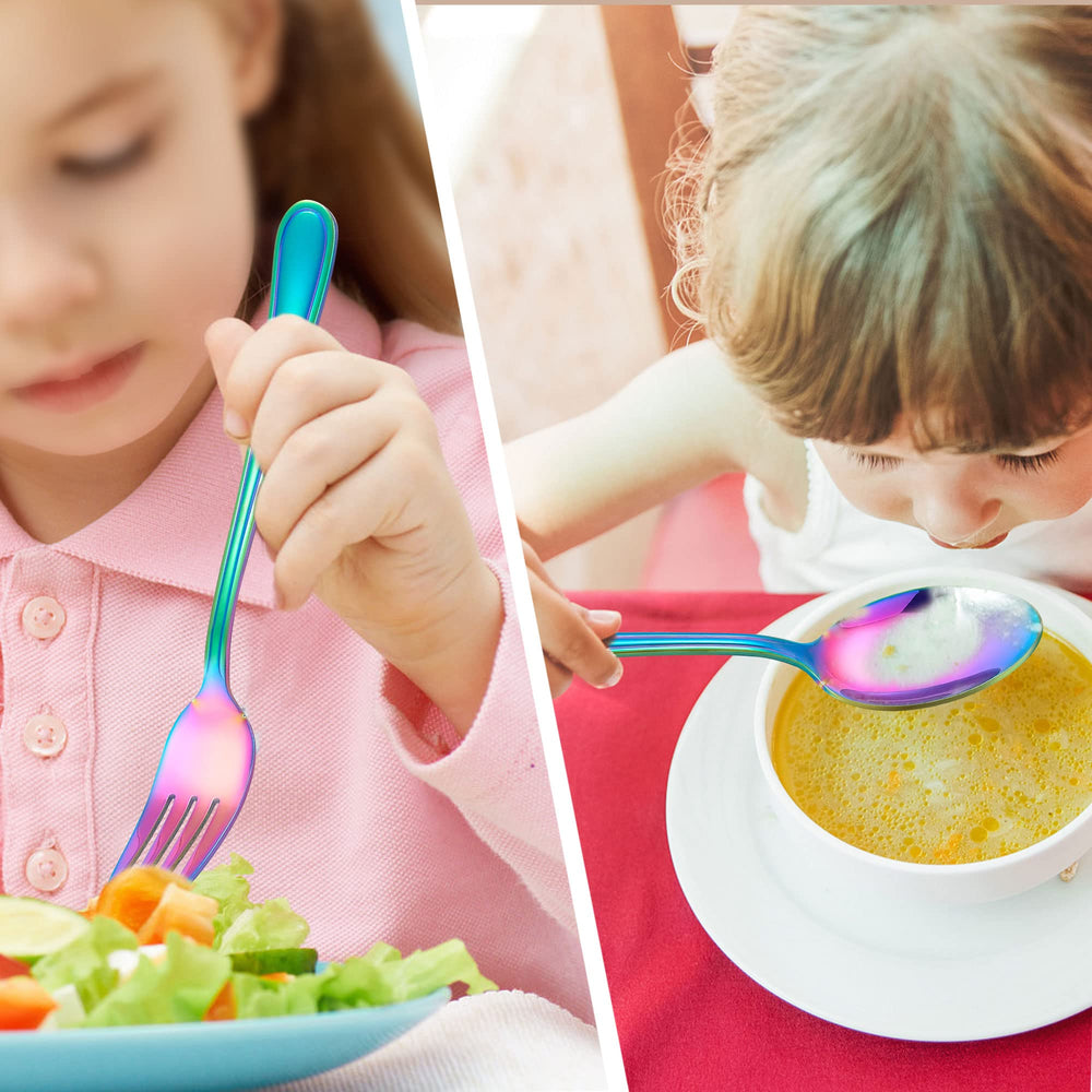 LIANYU rainbow kids silverware with mirror finish, easy to clean and appealing for independent eating.