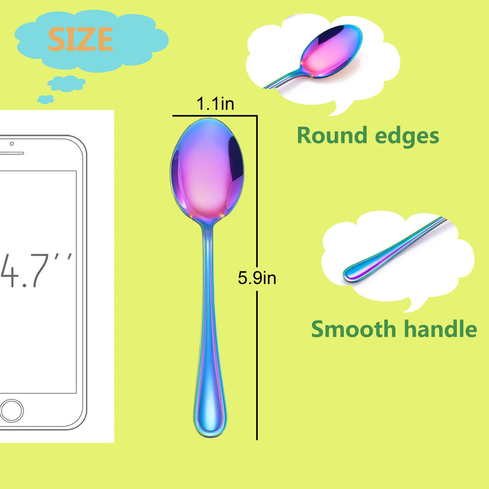 LIANYU rainbow toddler spoons arranged on table highlight kid-friendly size and cheerful color variety.