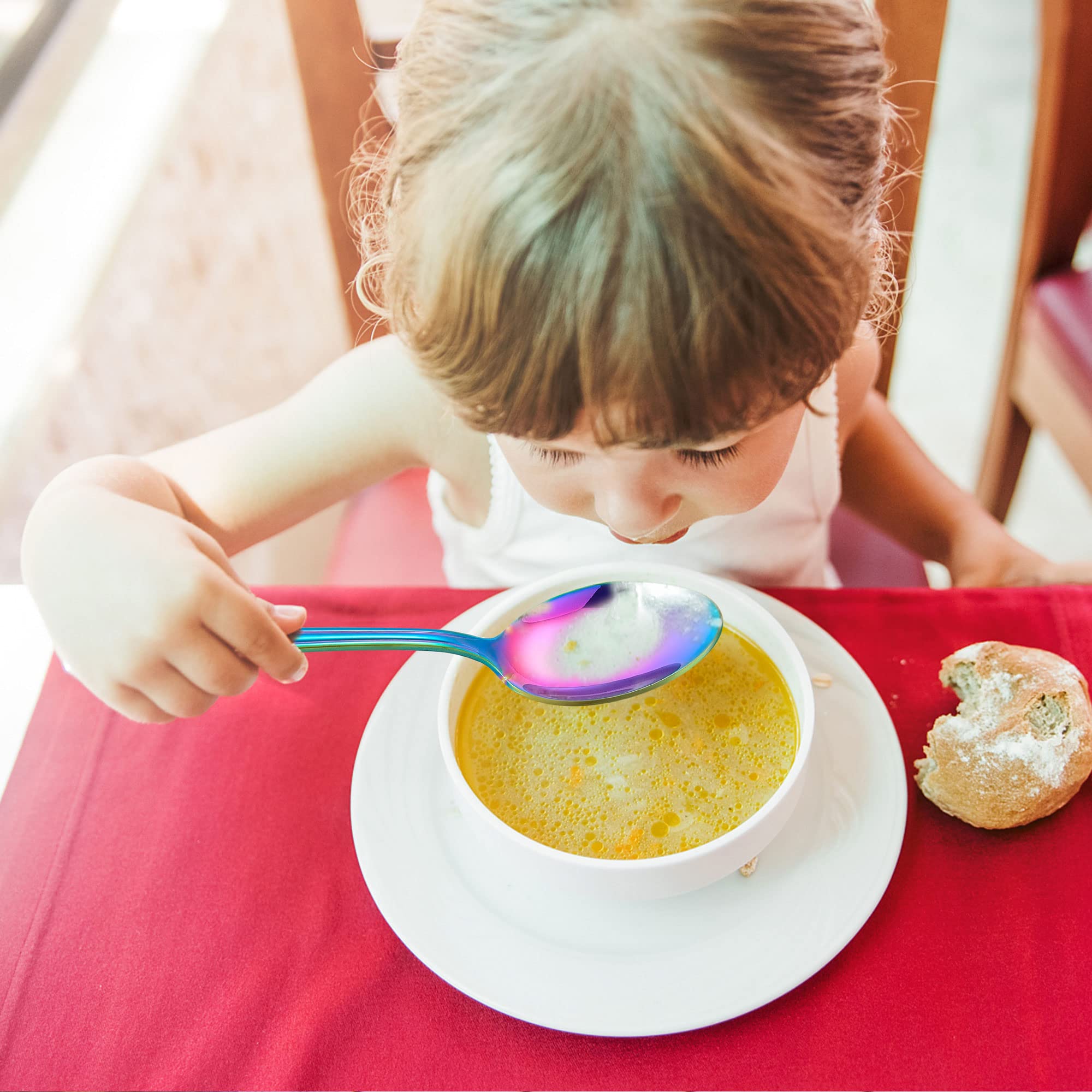 LIANYU rainbow toddler spoons closeup handle shows smooth edges for safe daily use.