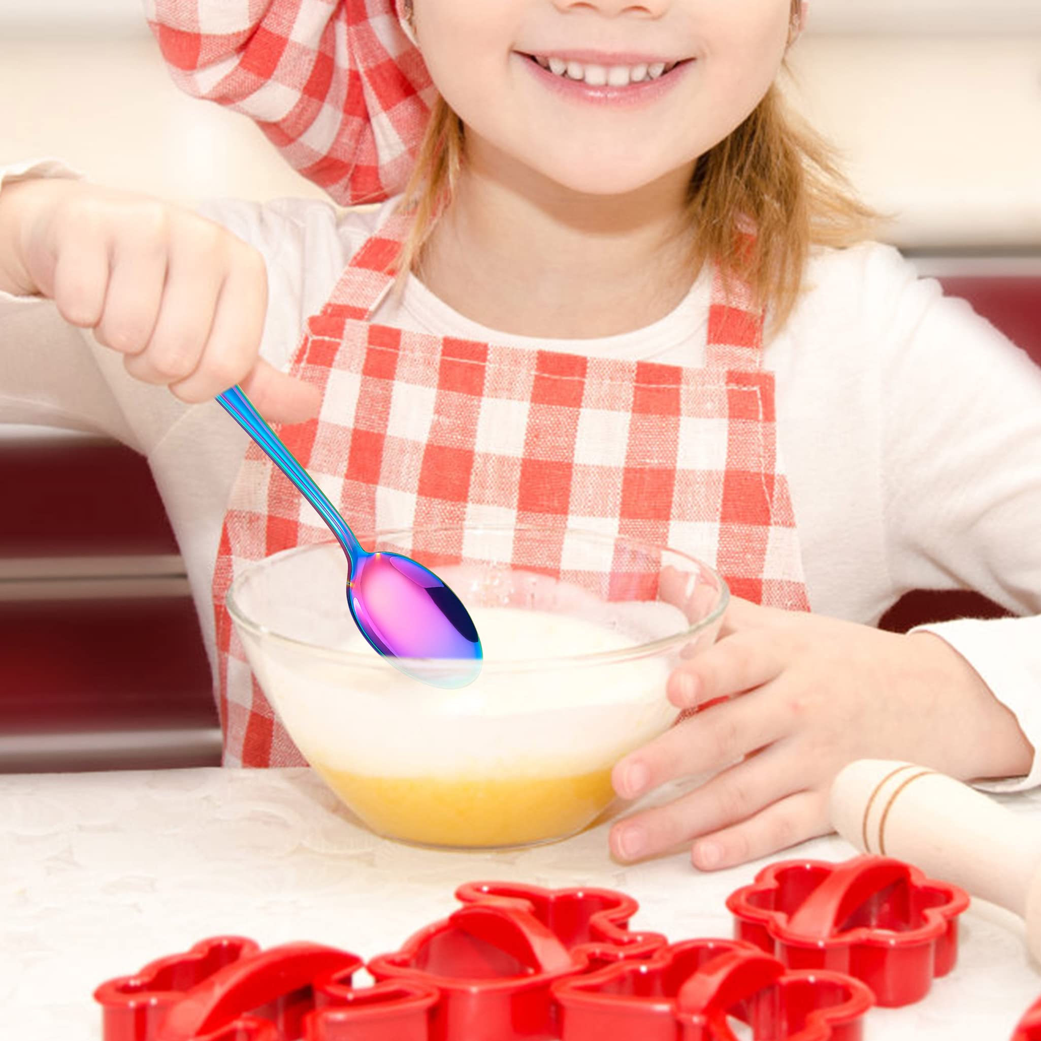 LIANYU rainbow toddler spoons dishwasher-safe label suggests easy cleanup after meals.
