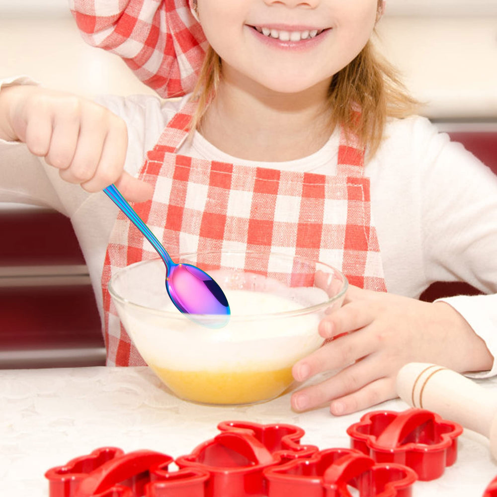 LIANYU rainbow toddler spoons dishwasher-safe label suggests easy cleanup after meals.