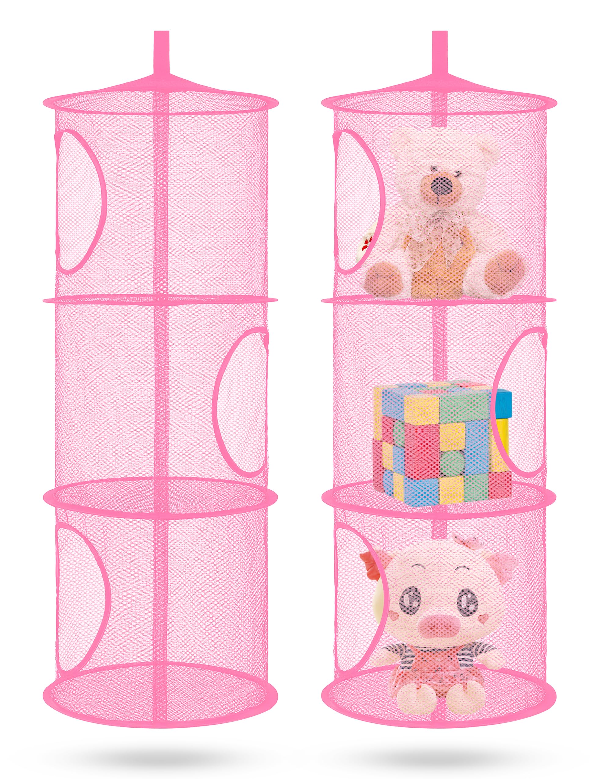Libeder 3-tier pink hanging mesh storage full view for organized kids closet.