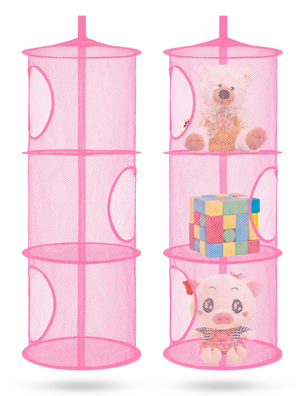 Libeder 3-tier pink hanging mesh storage full view for organized kids closet.
