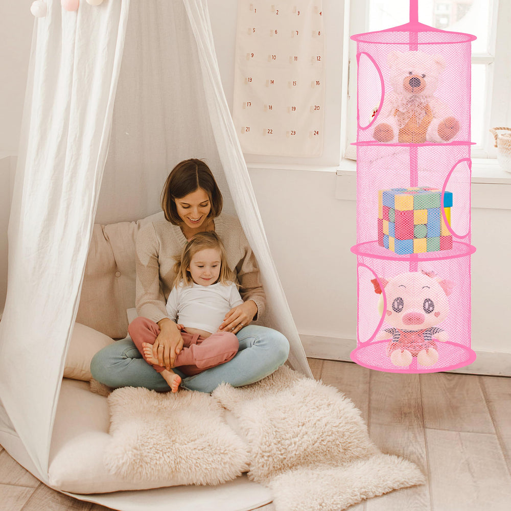 Libeder mesh storage close-up highlights durable nylon mesh for easy toy storage.