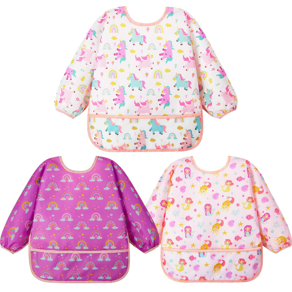 Lictin 3-pack baby bibs with long sleeves protect outfits during meals.