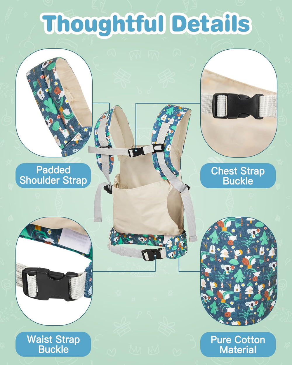 Lictin Baby Doll Carrier back view highlights padded straps for gentle shoulder support.