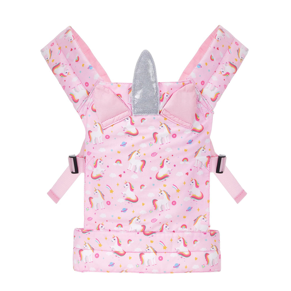 Lictin baby doll carrier front view pink unicorn—secure doll play