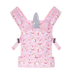 Lictin baby doll carrier front view pink unicorn—secure doll play