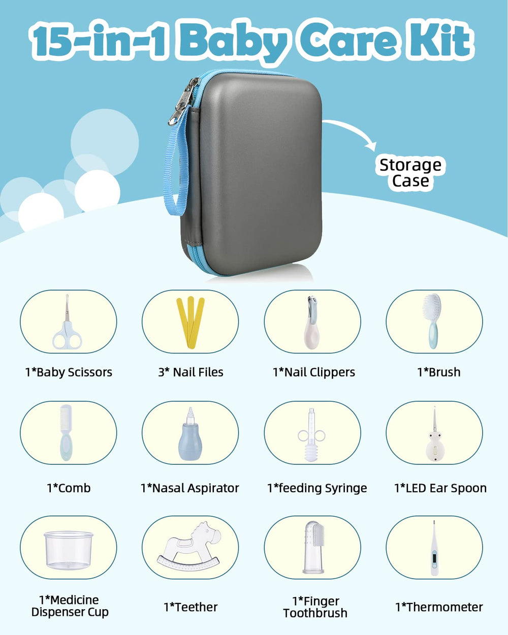 Lictin baby grooming kit contents—comprehensive 15-piece newborn care set.