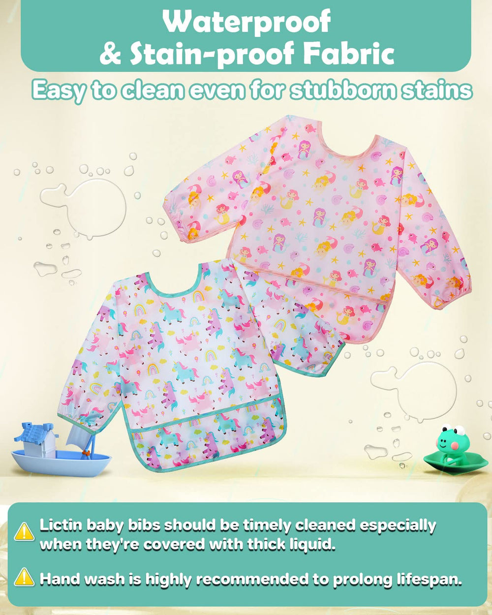 Lictin bibs with adjustable neck strap fit growing babies comfortably.