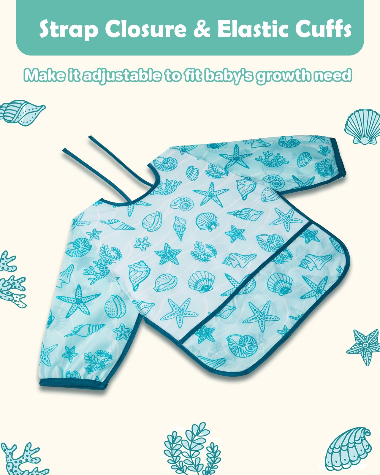 Lictin baby smock with elastic cuffs and adjustable neck.