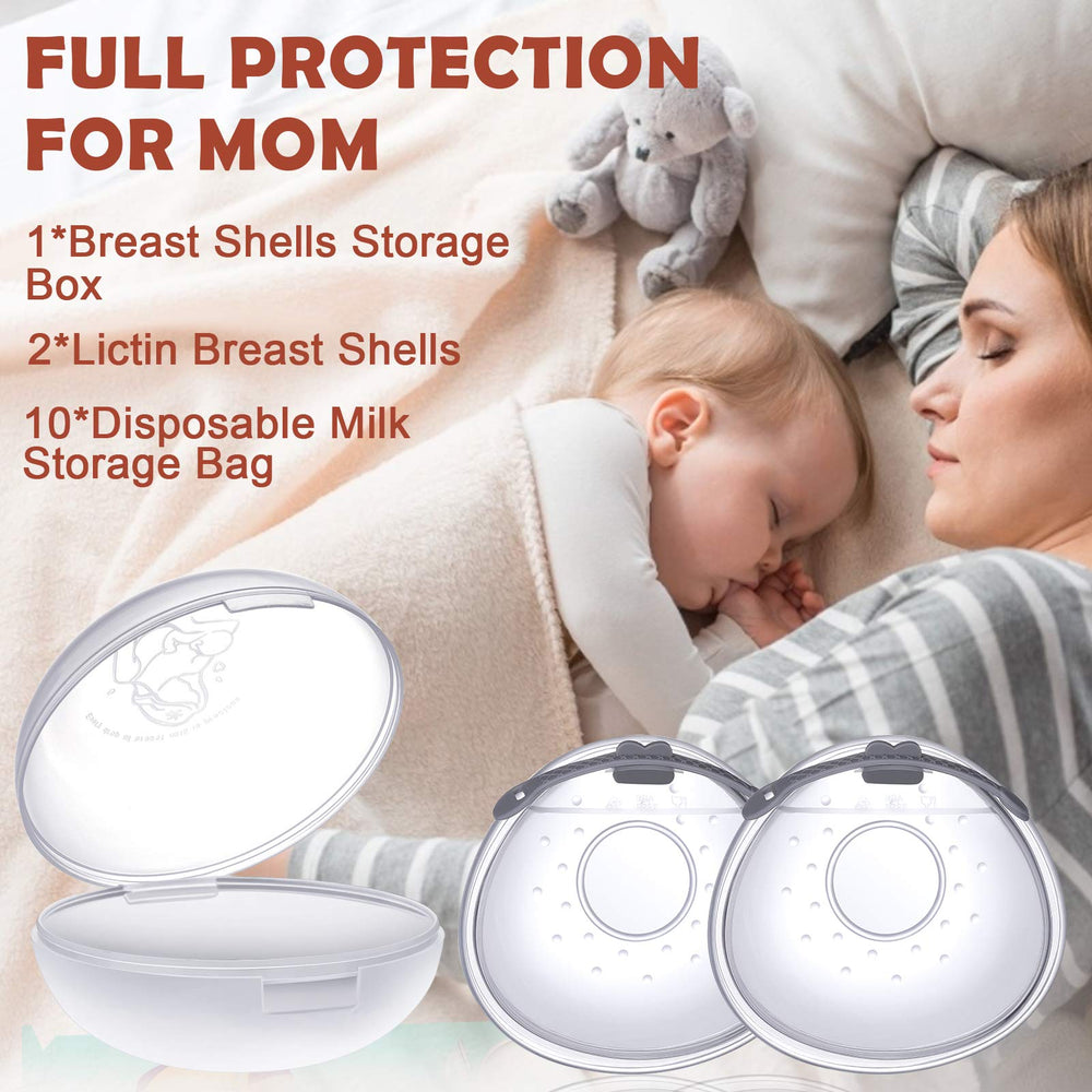 Lictin breast shell worn in bra illustrates portable milk collection while moving.