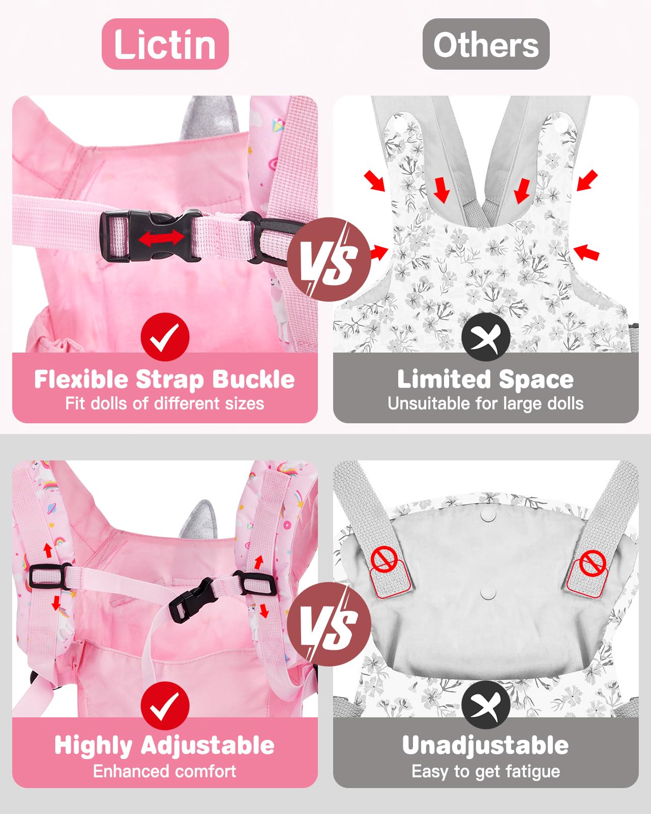 Lictin doll carrier fits 14-24 inch dolls for versatile play