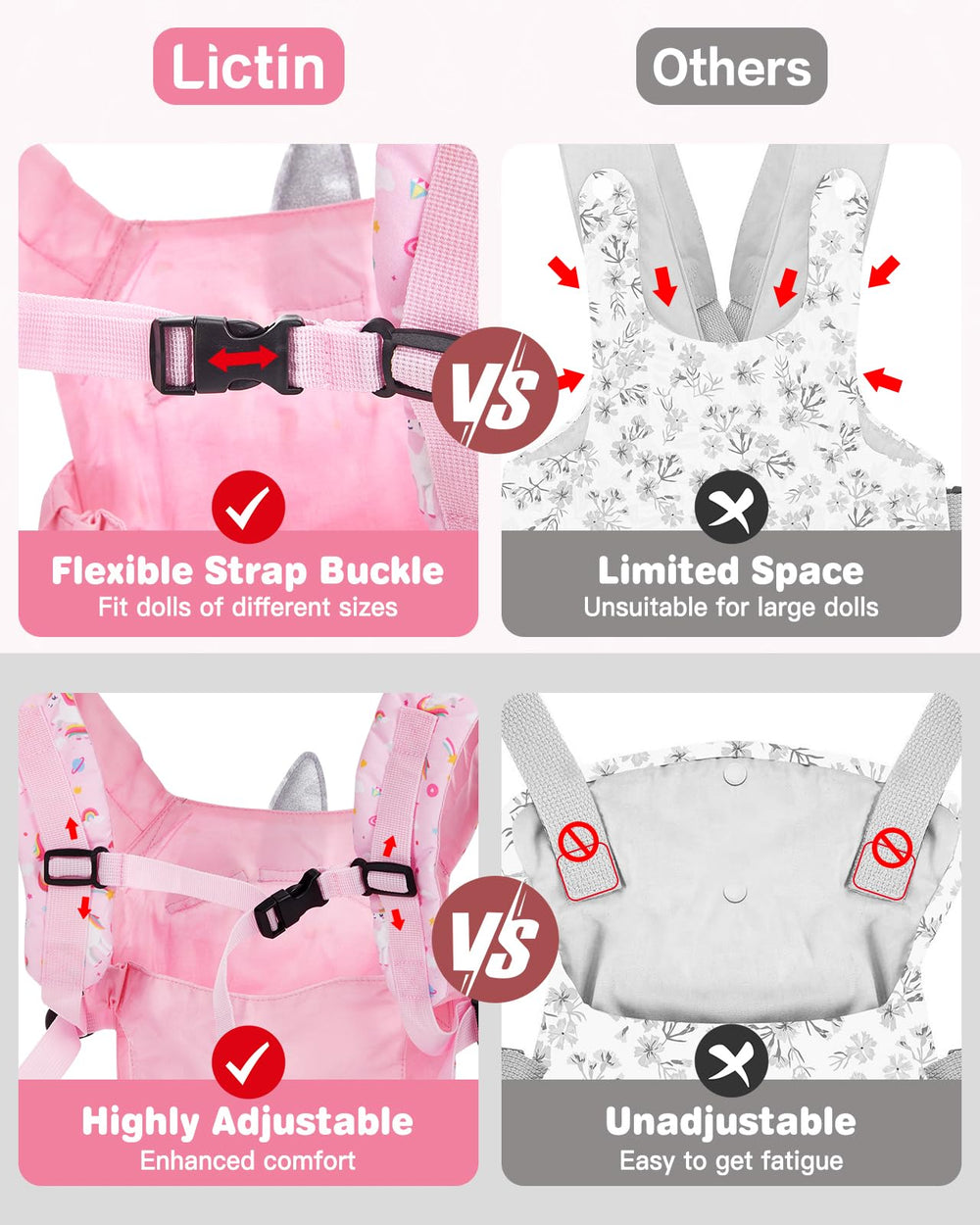 Lictin doll carrier fits 14-24 inch dolls for versatile play