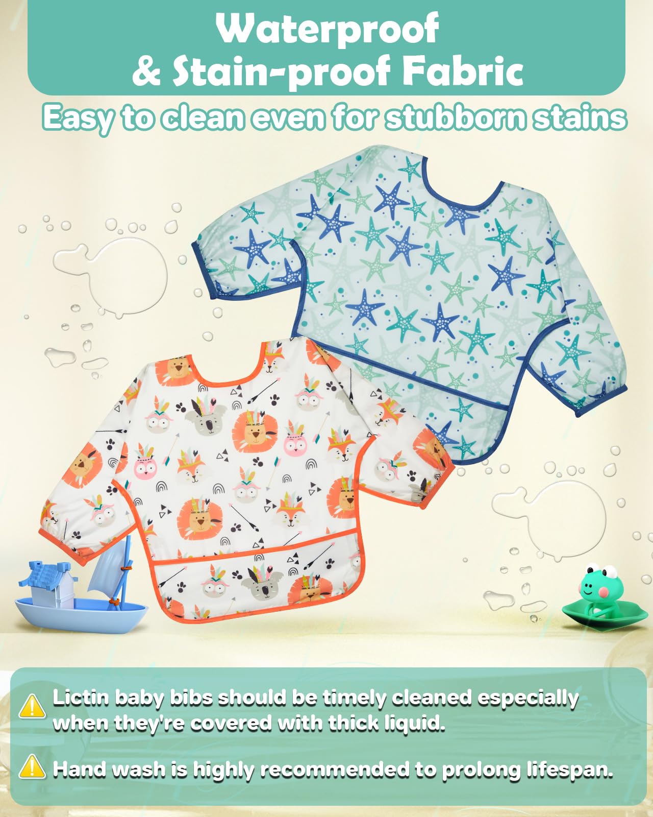 Lictin long sleeve bib Blue Starfish design contains crumbs and drips.