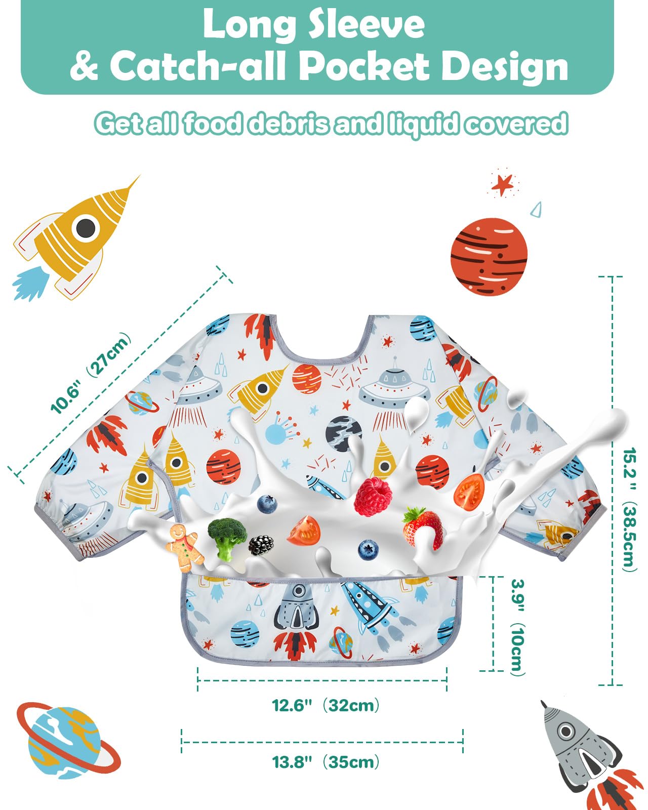Lictin long sleeve bib Green Whale design shielding clothing from moisture and stains.
