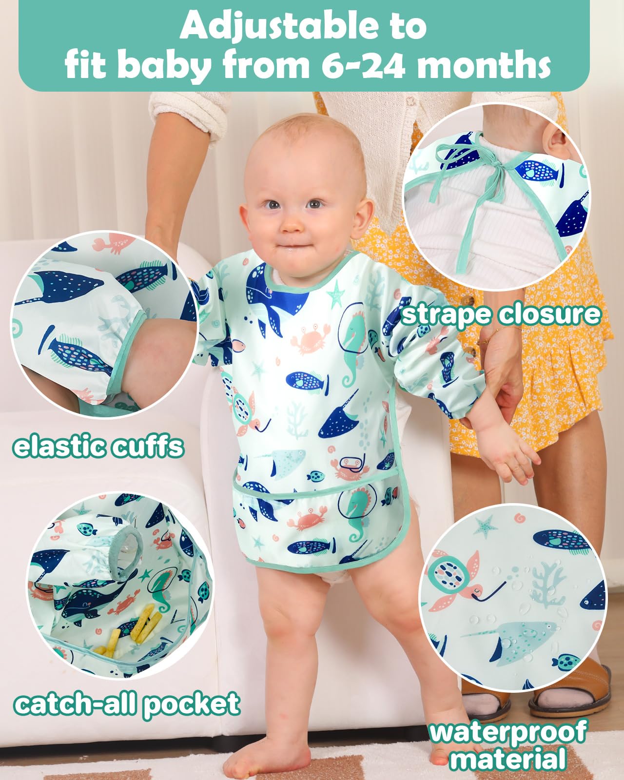 Lictin long sleeve bib Orange Sloth design keeps outfits neat during meals.