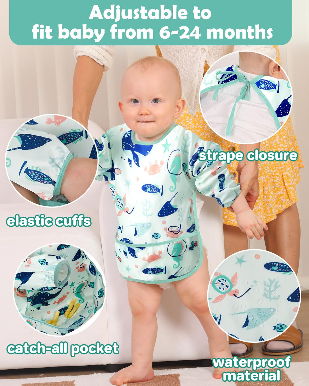Lictin long sleeve bib Orange Sloth design keeps outfits neat during meals.