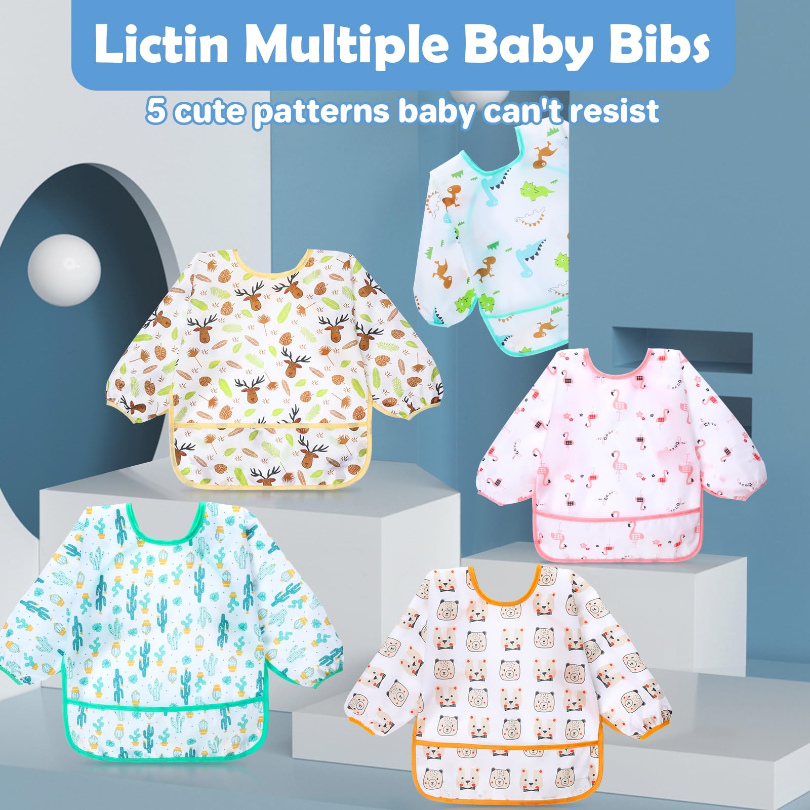 Lictin bib pocket catch-all keeps crumbs contained during meals.