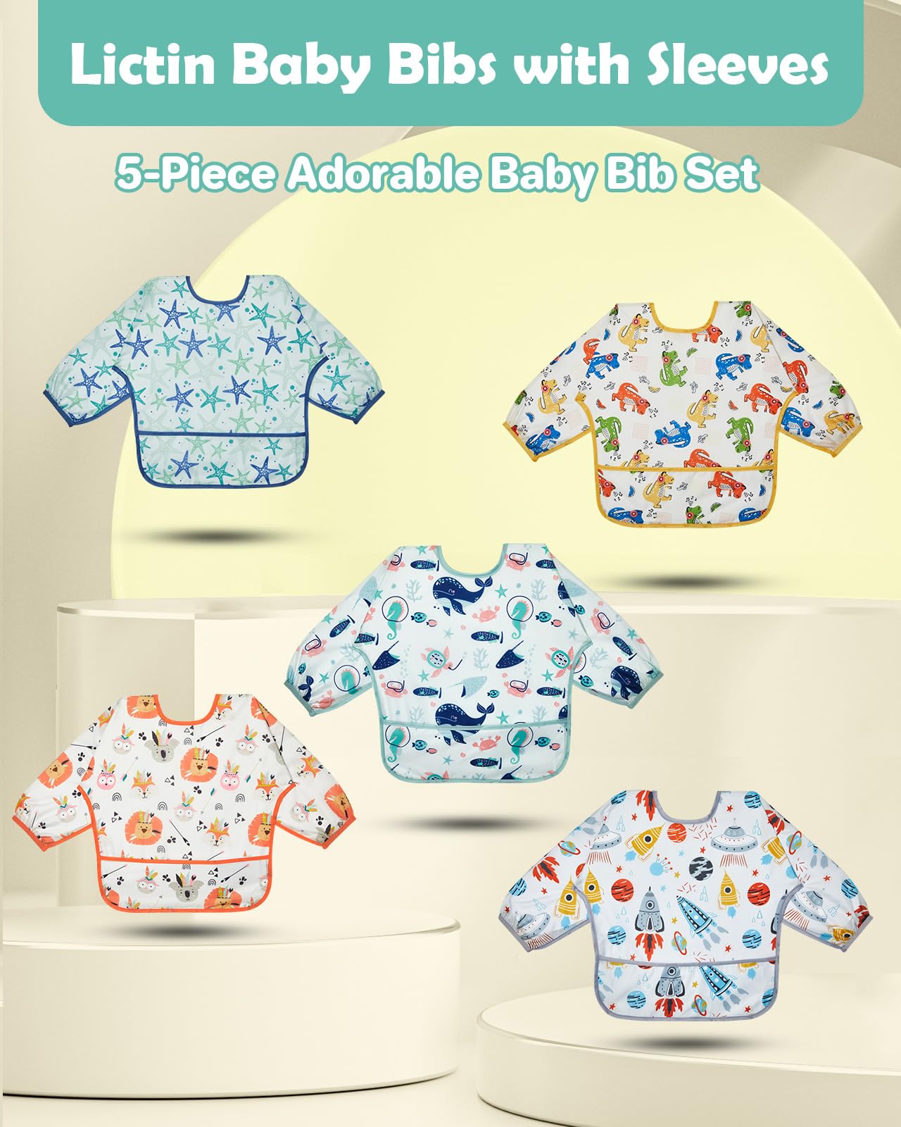 Lictin long sleeve bib Yellow Dinosaur design capturing spills with easy cleaning.