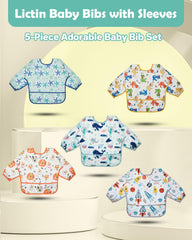 Lictin long sleeve bib Yellow Dinosaur design capturing spills with easy cleaning.