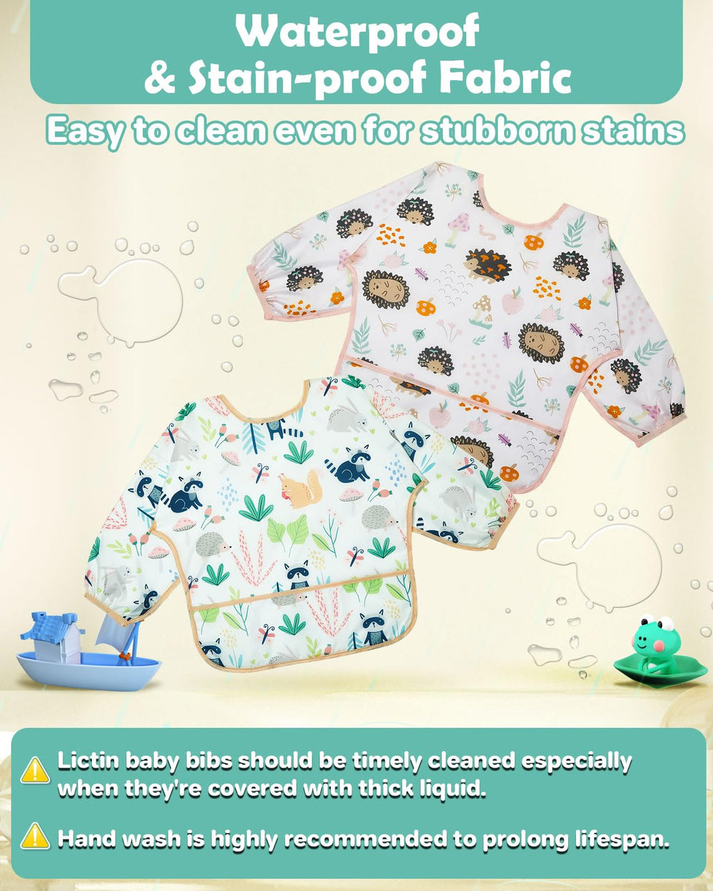 Lictin long sleeve bib yellow raccoon contains spills while feeding