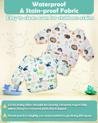 Lictin long sleeve bib yellow raccoon contains spills while feeding