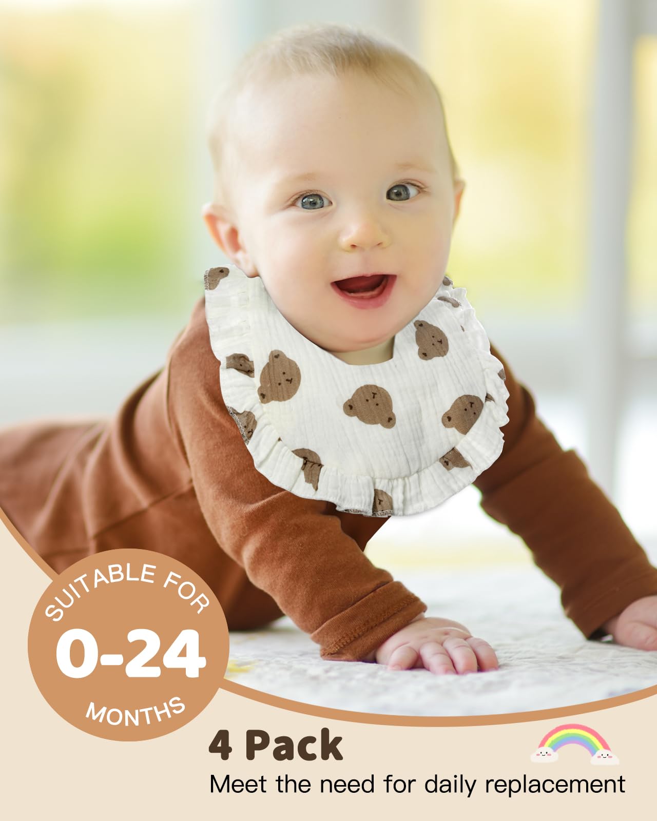 Lictin muslin bib with adjustable snaps fits newborn to 24 months.