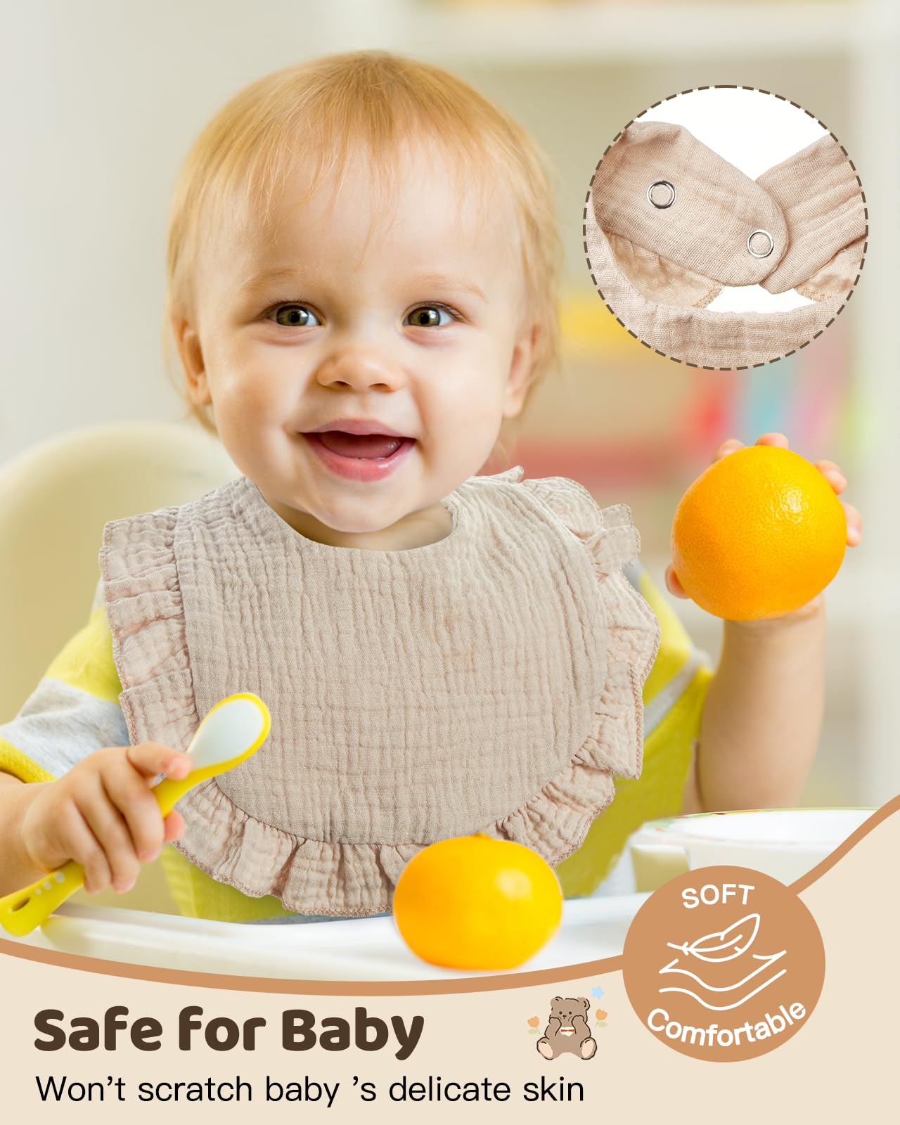 Lictin Muslin Bibs soft 4-layer muslin closeup highlights breathable, skin-friendly cotton.