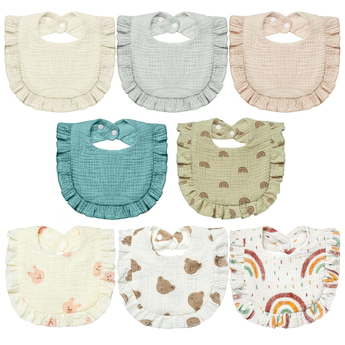 Lictin Neutral Baby Bibs 8-pack packshot shows soft muslin for drool absorption.