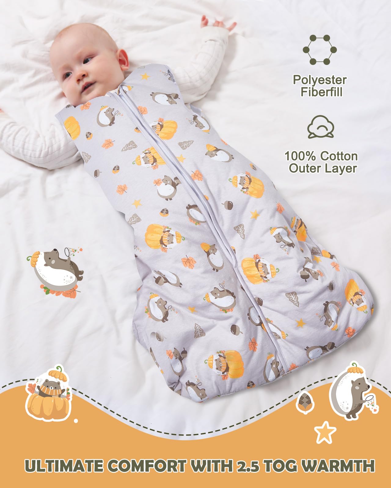 Lictin sleeping bag 2-way zipper enables easy diaper changes without fully removing.