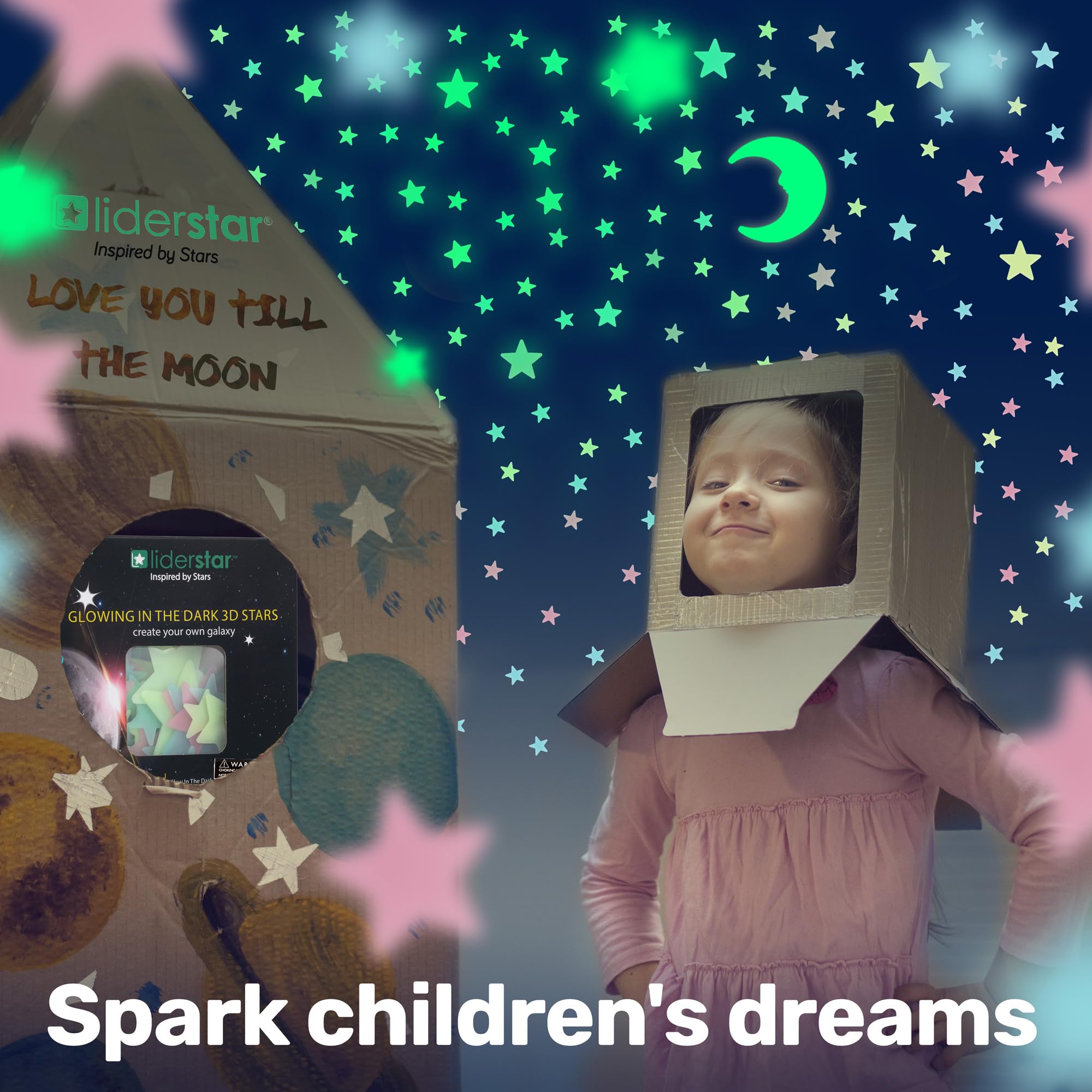 Liderstar bedtime-sky sticker set creates a comforting ceiling scene for winding-down moments.