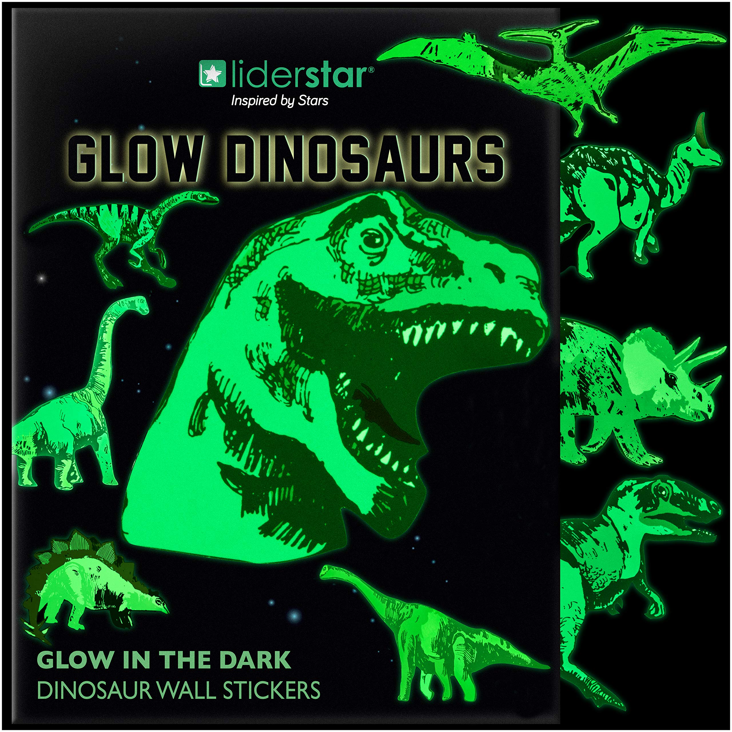 Liderstar bright-dino wall decals showcase vivid daytime colors with glow at night