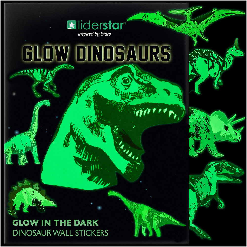 Liderstar bright-dino wall decals showcase vivid daytime colors with glow at night