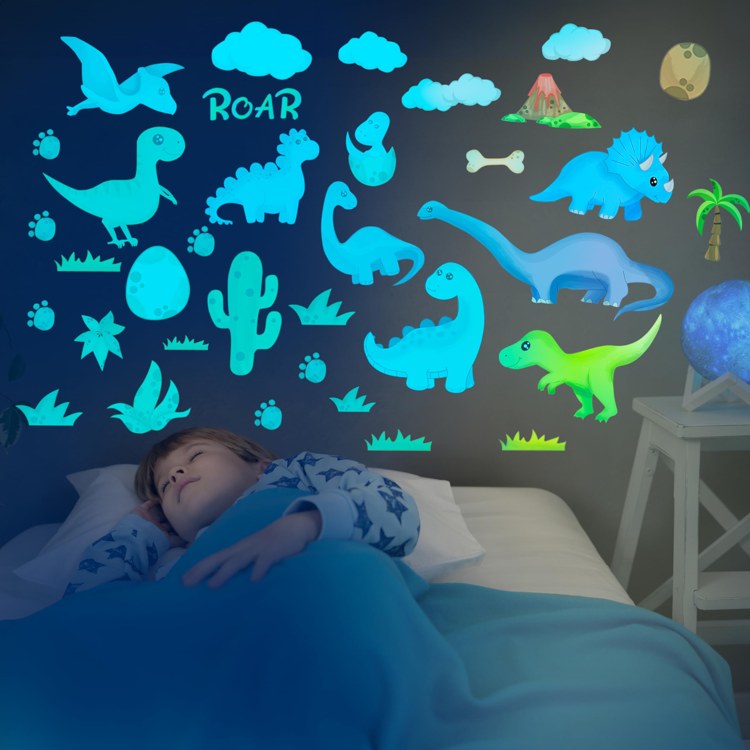 Liderstar dinosaur wall decals glow-dinosaurs daylight colors brighten playroom.