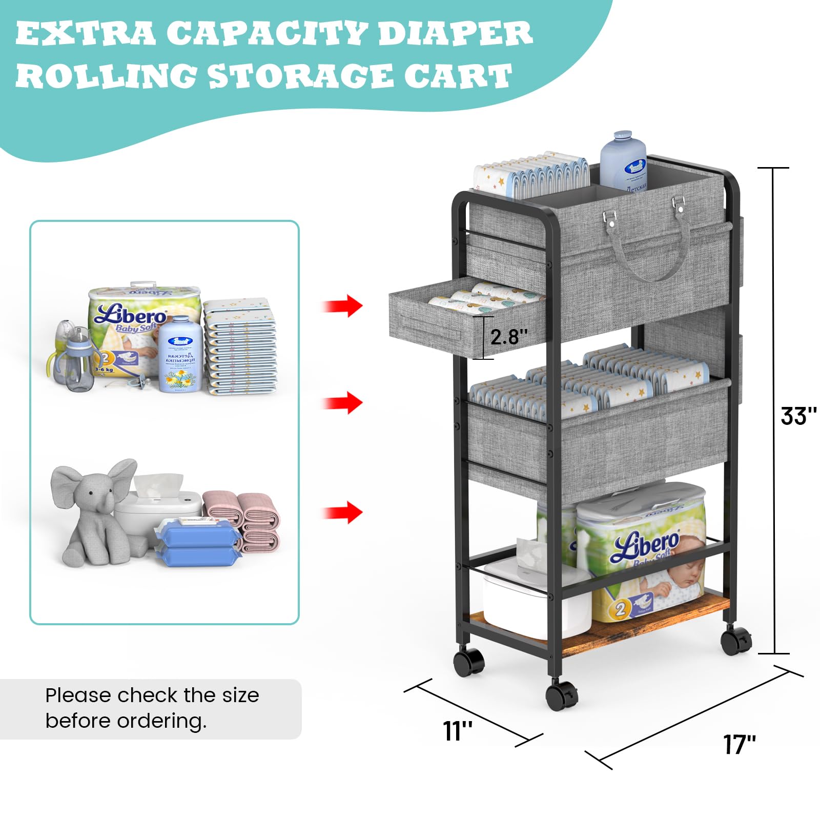 LIDTOP 2In1 diaper cart dustproof drawer keeps items clean and protected